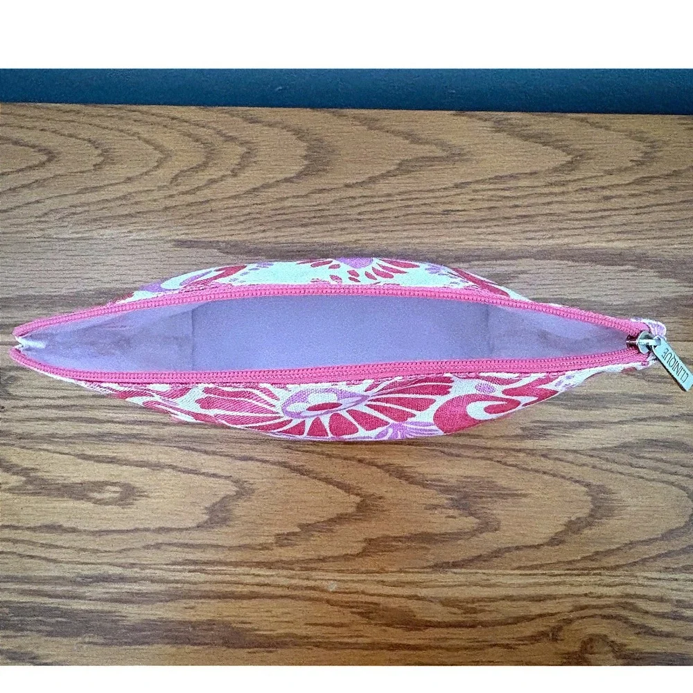 Clinique‎ Cosmetic Bag Set 2 Floral Pink Green Canvas Makeup Pouches Zippered
